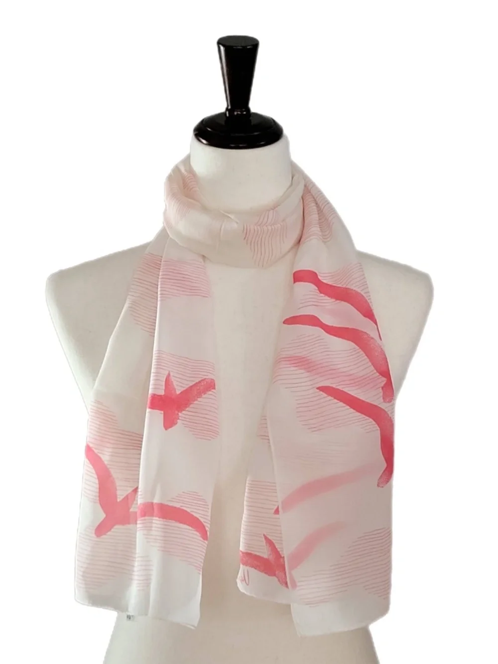 Vera Neumann Silk Blend Scarf: Pink Birds Clouds, Rectangle, Made in Japan